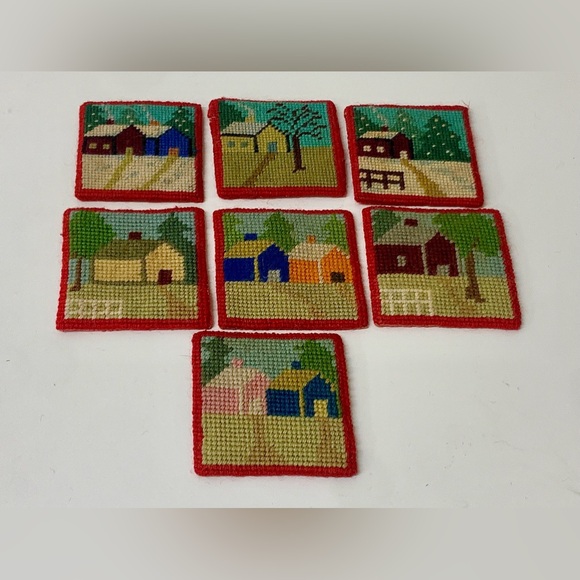 (Lot of 7) 1940s WWII Era Homemade Hand Knitted Country House Scene Coasters - Picture 6 of 12